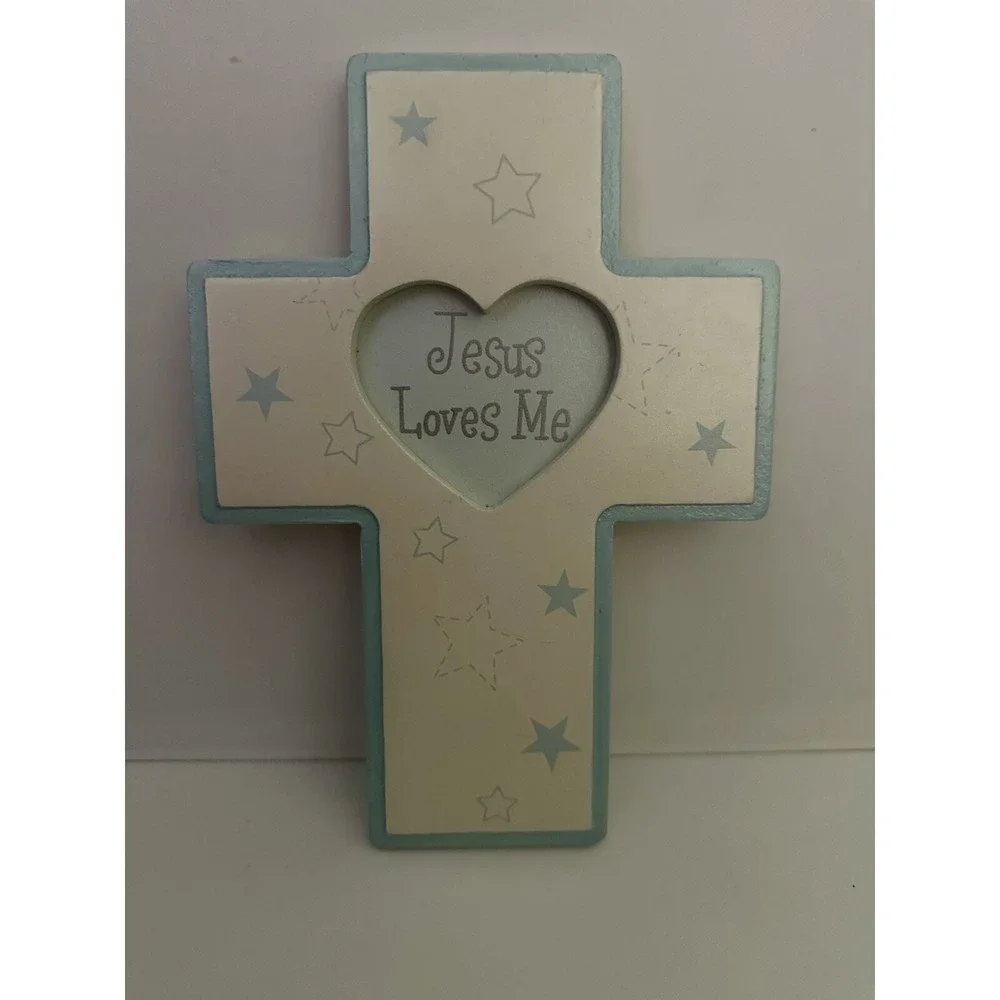 Jesus Loves Me Wood Cross Wall Hanging Blue Boy Stars Decor Christian